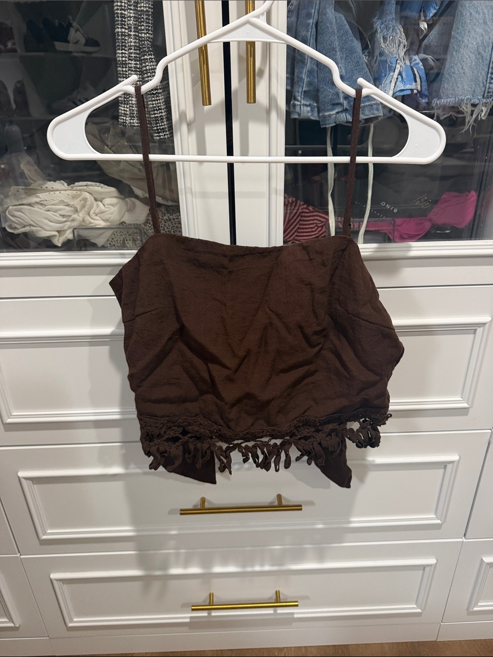Zara Brown Crochet-Trim Spaghetti Strap Crop Top